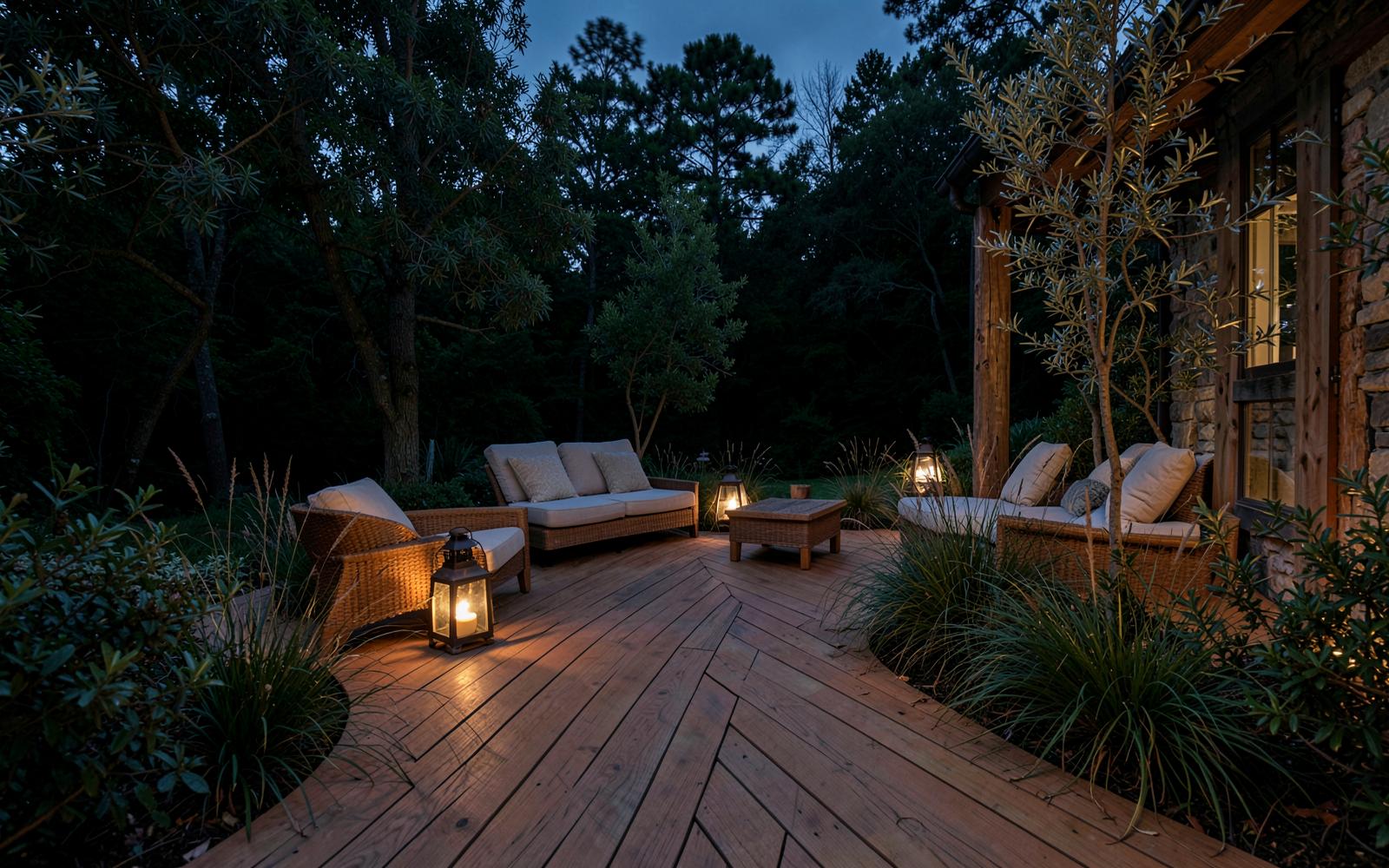 Timber deck terrace at dusk with lantern light, low seating and grasses beside a stone house