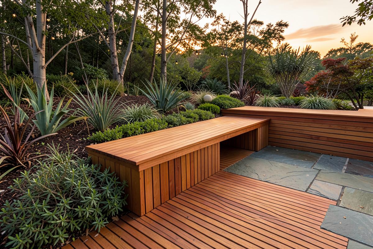 Timber slat terrace with a built-in bench, stone paving and layered planting in evening light
