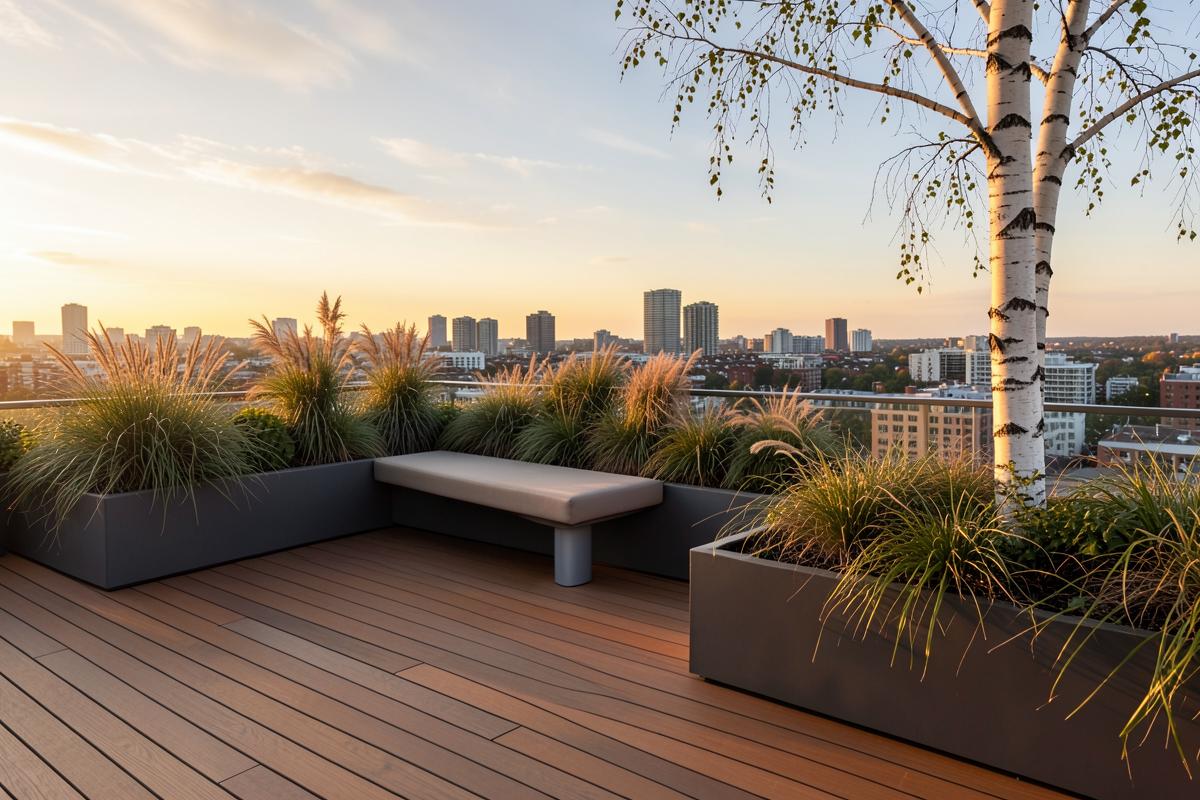 Rooftop terrace with timber decking, planters of grasses and a birch tree at golden hour