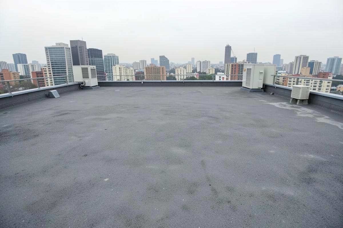 Bare asphalt rooftop with ventilation units and a city skyline before the rooftop concept